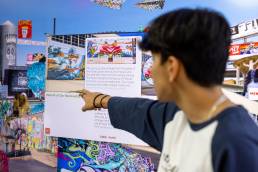 Photos of the Latino Art Cartography board with Marisela Martinez and students explaining how the board works. Images also include a large pano of the 270 display event room. 29 SEP 22