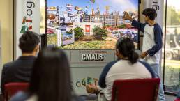 Photos of the Latino Art Cartography board with Marisela Martinez and students explaining how the board works. Images also include a large pano of the 270 display event room. 29 SEP 22